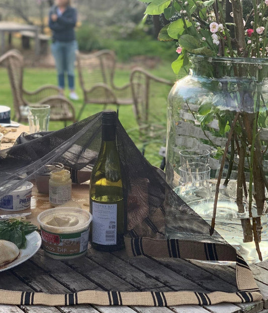 Black Hessian weighted food cover